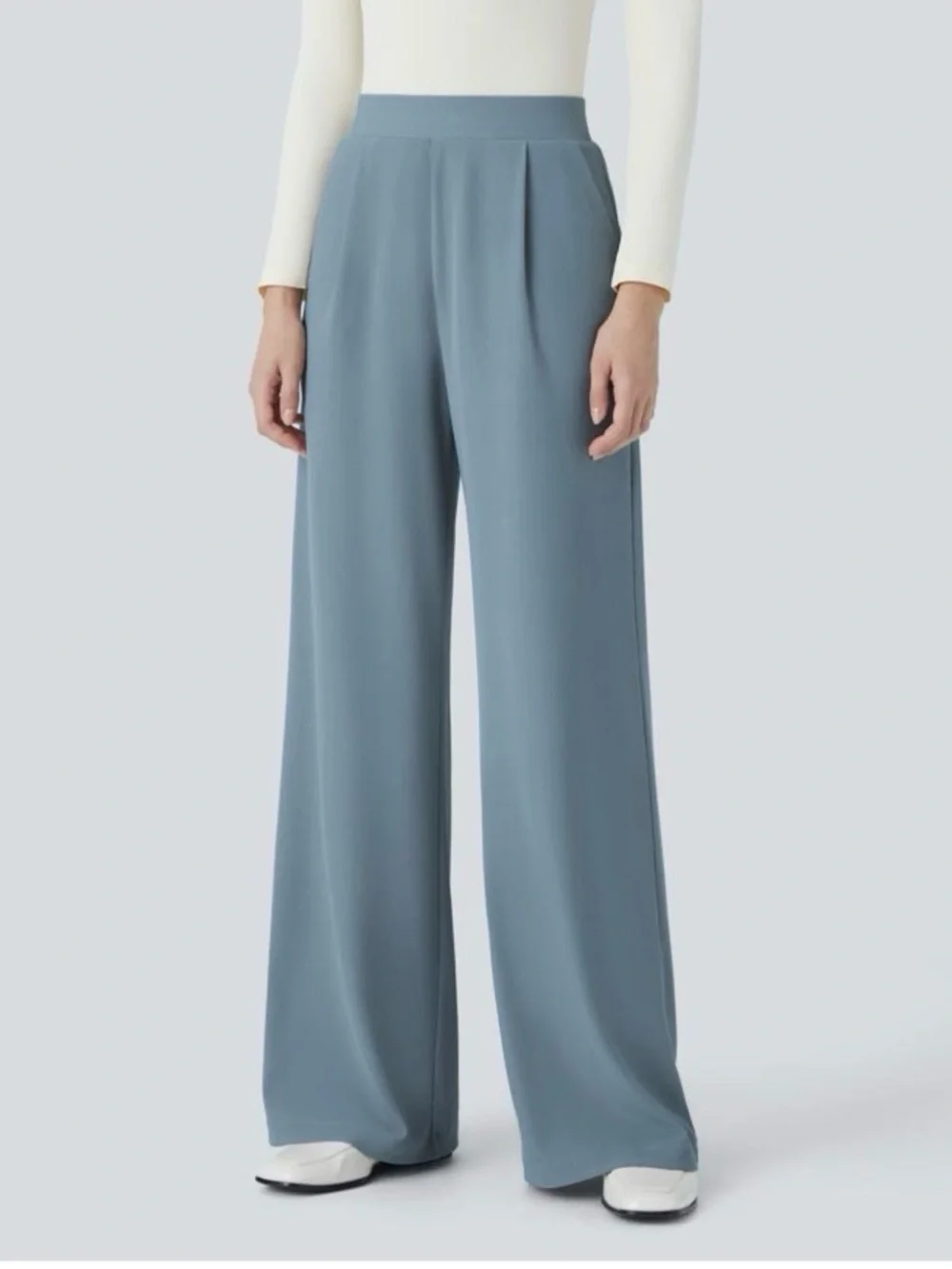 176. HALARA Wide-Leg Pleated Trousers in Slate Blue